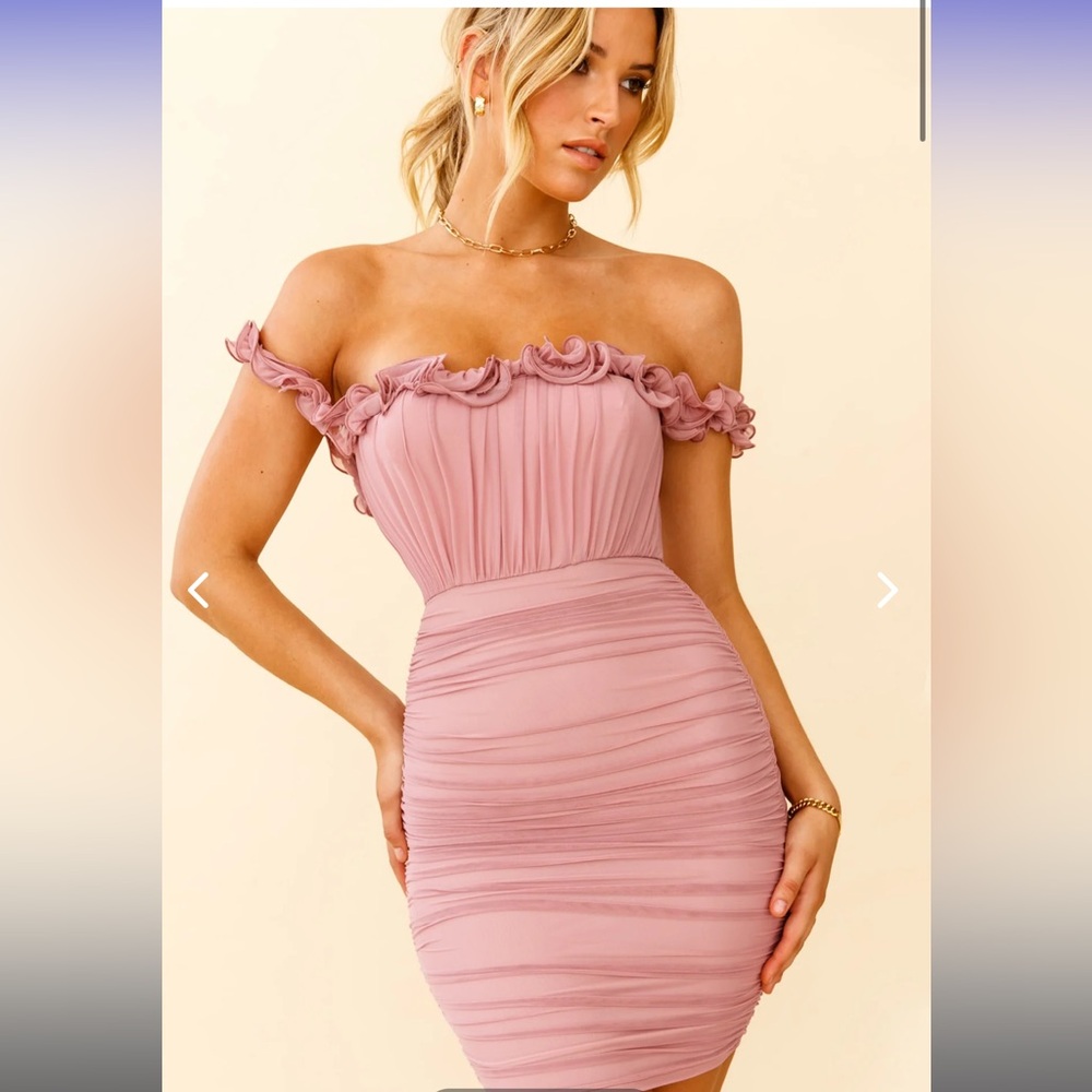 Selfie Leslie pink ruffle mini dress off the shoulder